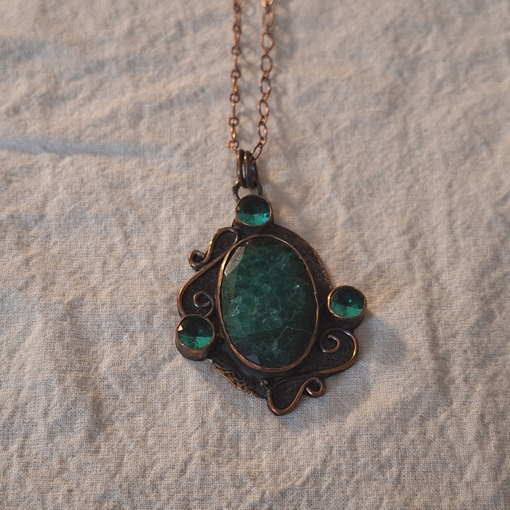 Artisan Copper Necklace with Green Gemstone